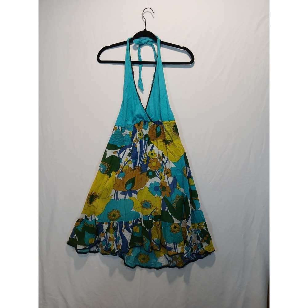 Solitaire Los Angeles 100% cotton  Floral Halter Dress sz L boho smocked